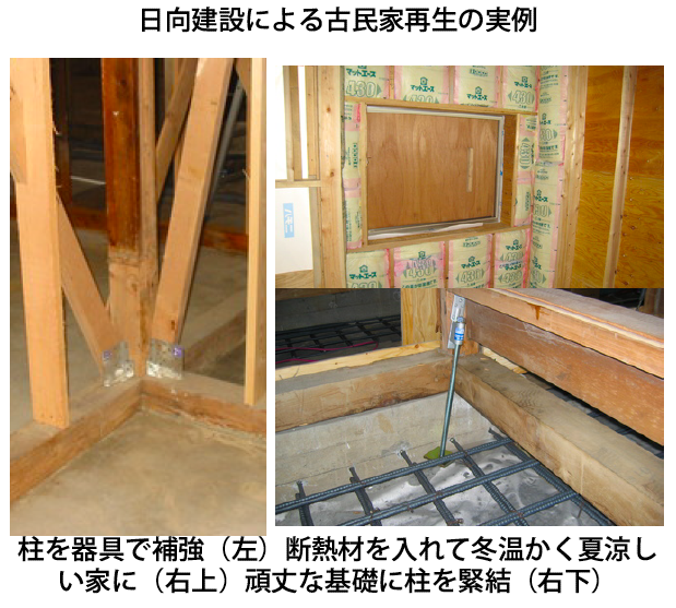 日向建設による古民家再生の実例。柱を器具で補強。断熱材を入れて冬暖かく夏涼しい家に。頑丈な基礎に柱を緊結。